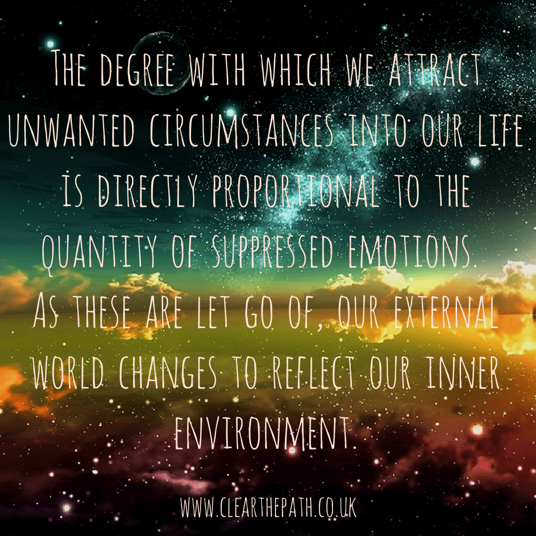 The degree with which we attract unwanted circumstances into our life is directly proportional to the quantity of suppressed emotions. As these are let go of our external world changes to reflect our inner environment.